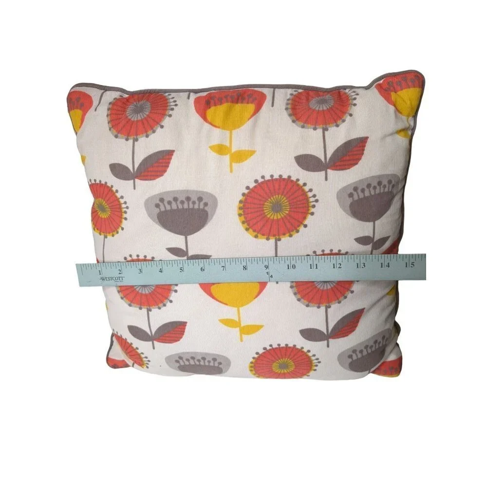 Pier 1 Throw Pillow Retro Floral Gray Orange Yellow Square 15 Inch